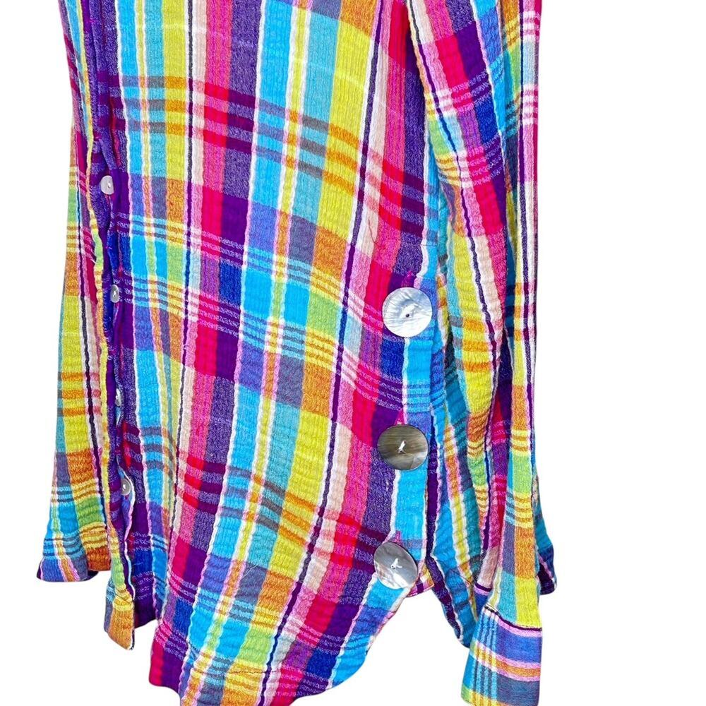 Soft Surroundings Kona Shores Button Up Gauzy Rainbow Plaid Cotton Blouse LGE - Picture 4 of 9